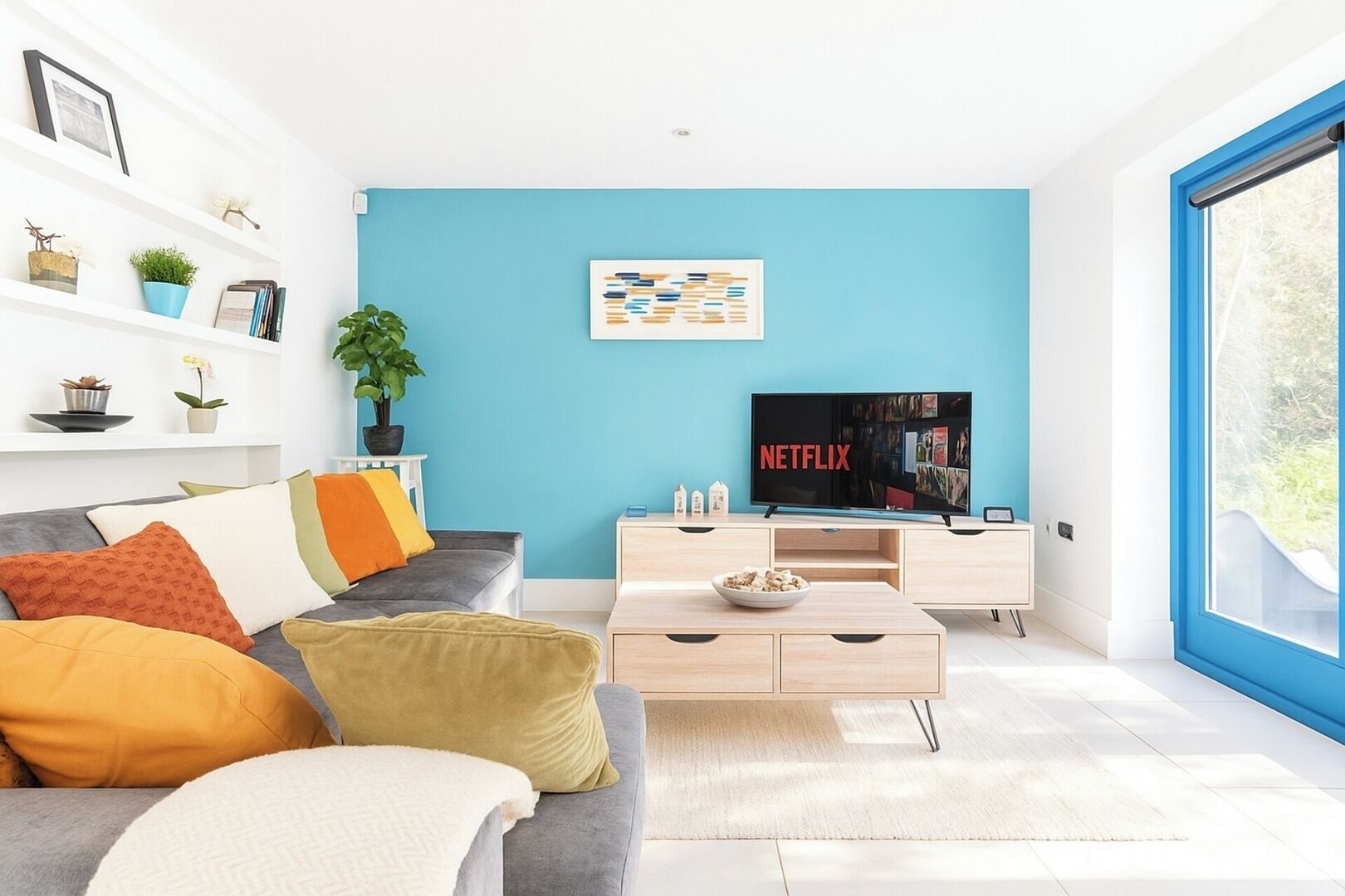 A modern living room with a grey sofa, colorful cushions, a coffee table, a TV, and a bookshelf with decorative items.