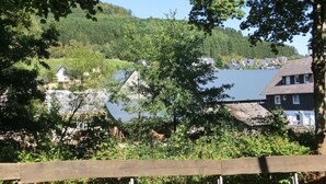 A residential area with houses, a hill in the background, and a wooden fence in the foreground.
