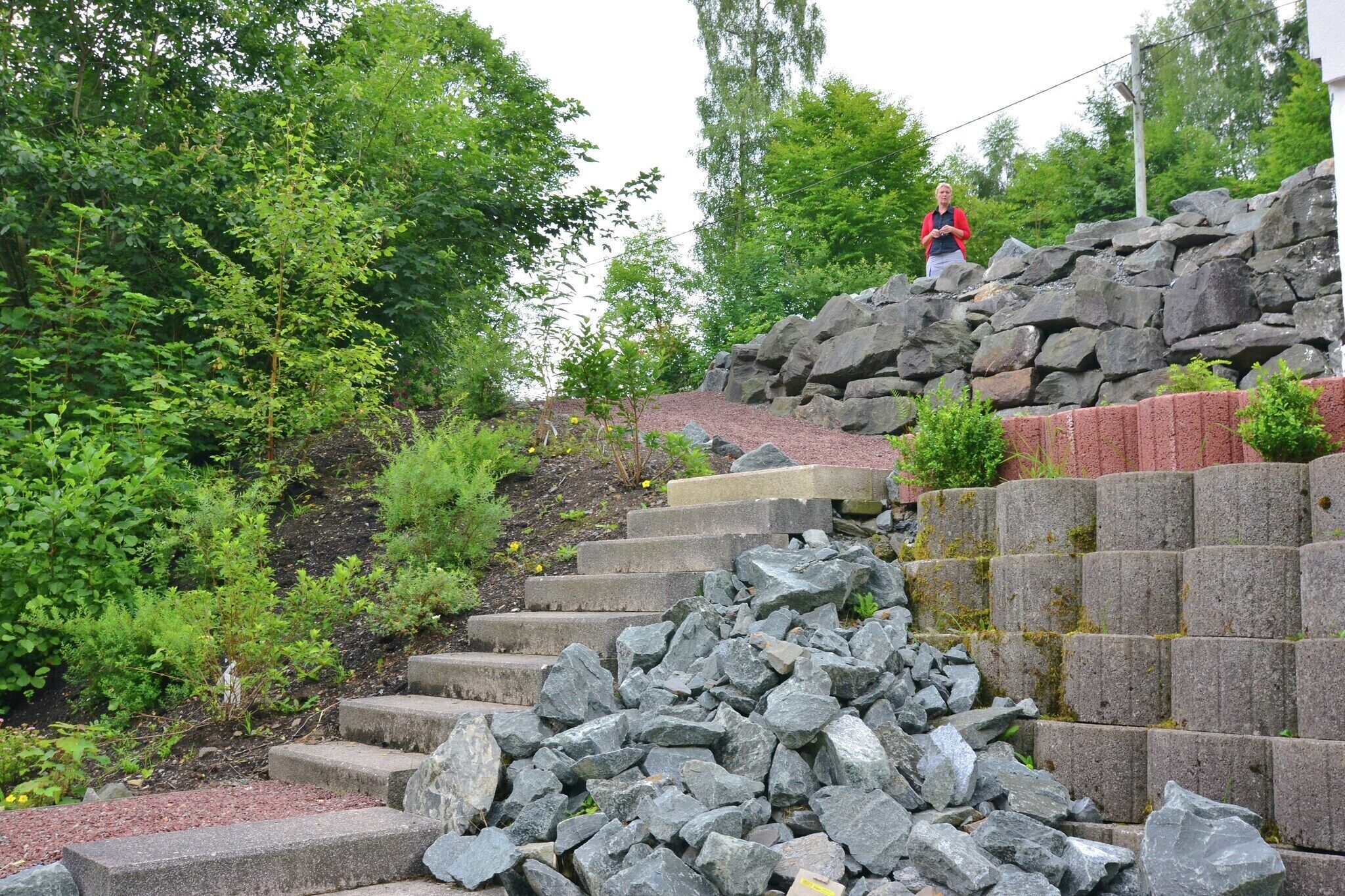 A staircase with stone steps leading up a hill, surrounded by greenery.