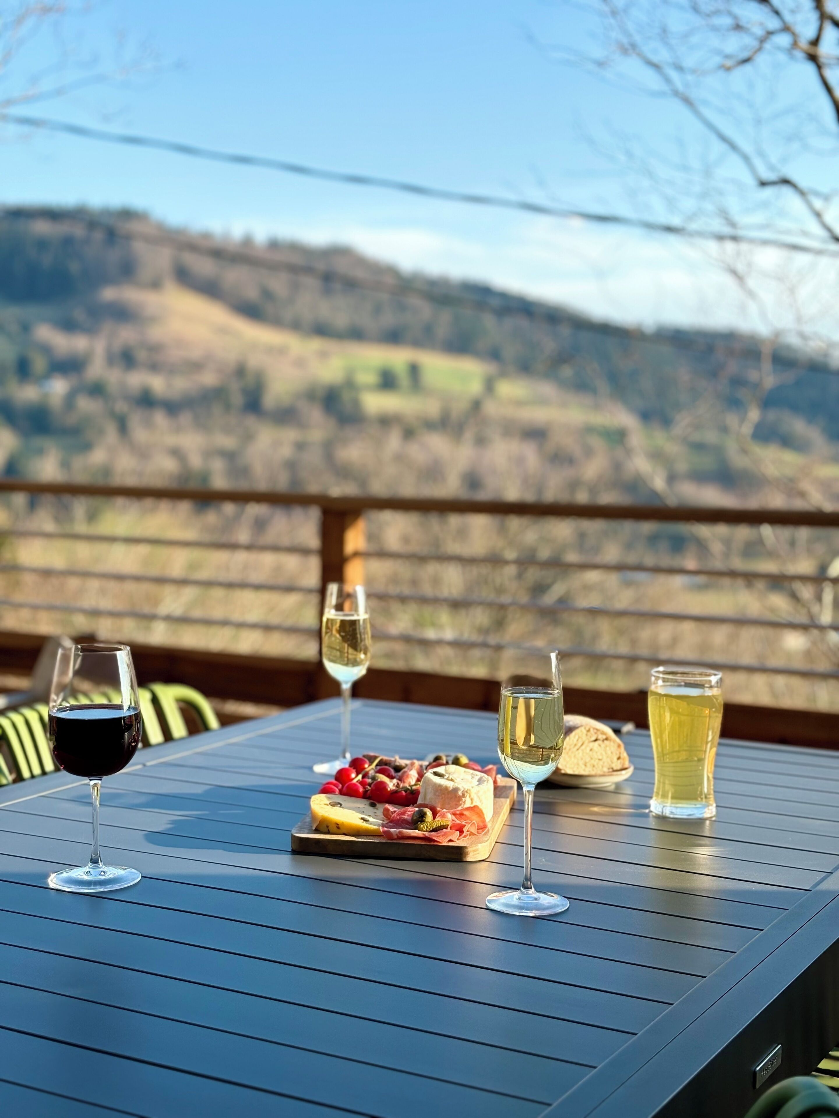 Une table avec une planche de fromages, des verres à vin et un verre de bière, le tout installé sur une terrasse offrant une vue sur les montagnes.