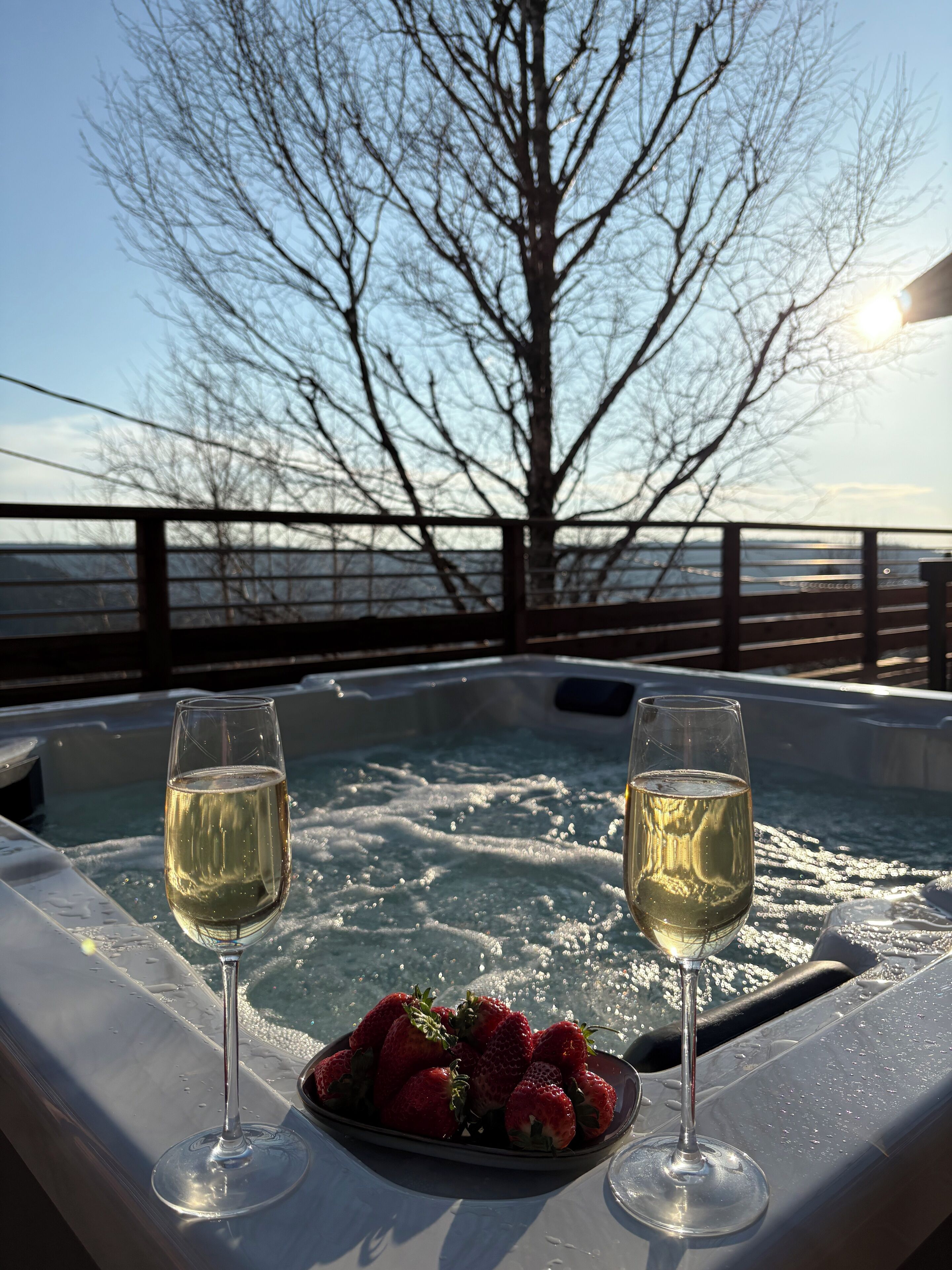 A hot tub with two glasses of wine and a plate of strawberries.