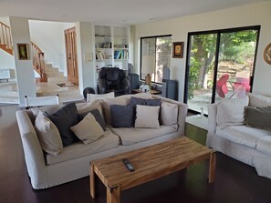 Smart TV, fireplace, DVD player, books
