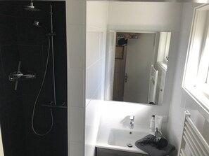 A bathroom with a shower, a sink, and a mirror. - Secluded Holiday Home in Ballum Frisian Islands (Ballum-Ameland)