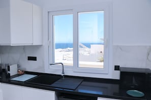 Fridge, microwave, stovetop, coffee/tea maker
