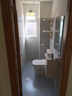 A small, compact bathroom with a toilet, sink, and mirror. - Villa Garden, Pool & sea (El Campello)