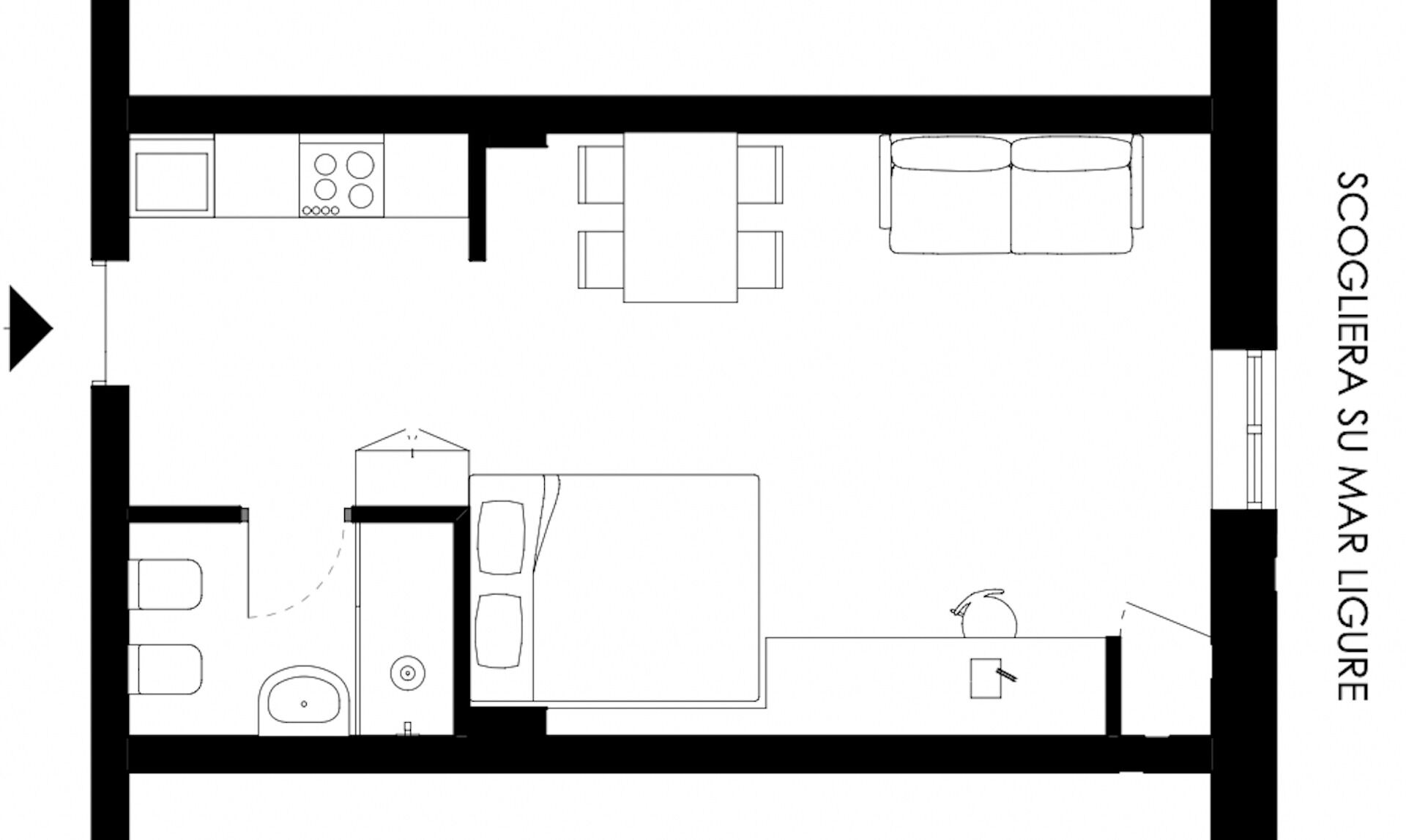 A floor plan of a hotel room with a kitchenette, a bathroom, a living area with a sofa and a table, and a small balcony.