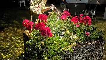 A garden bed with red flowers and a decorative metal watering can.