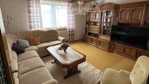 Un salon comprenant un canapé, un fauteuil, une table basse et un téléviseur. On y trouve également un meuble en bois et un lustre.