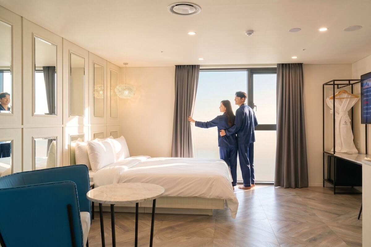 A hotel room with a bed, a round table, a TV, and a large window with curtains.