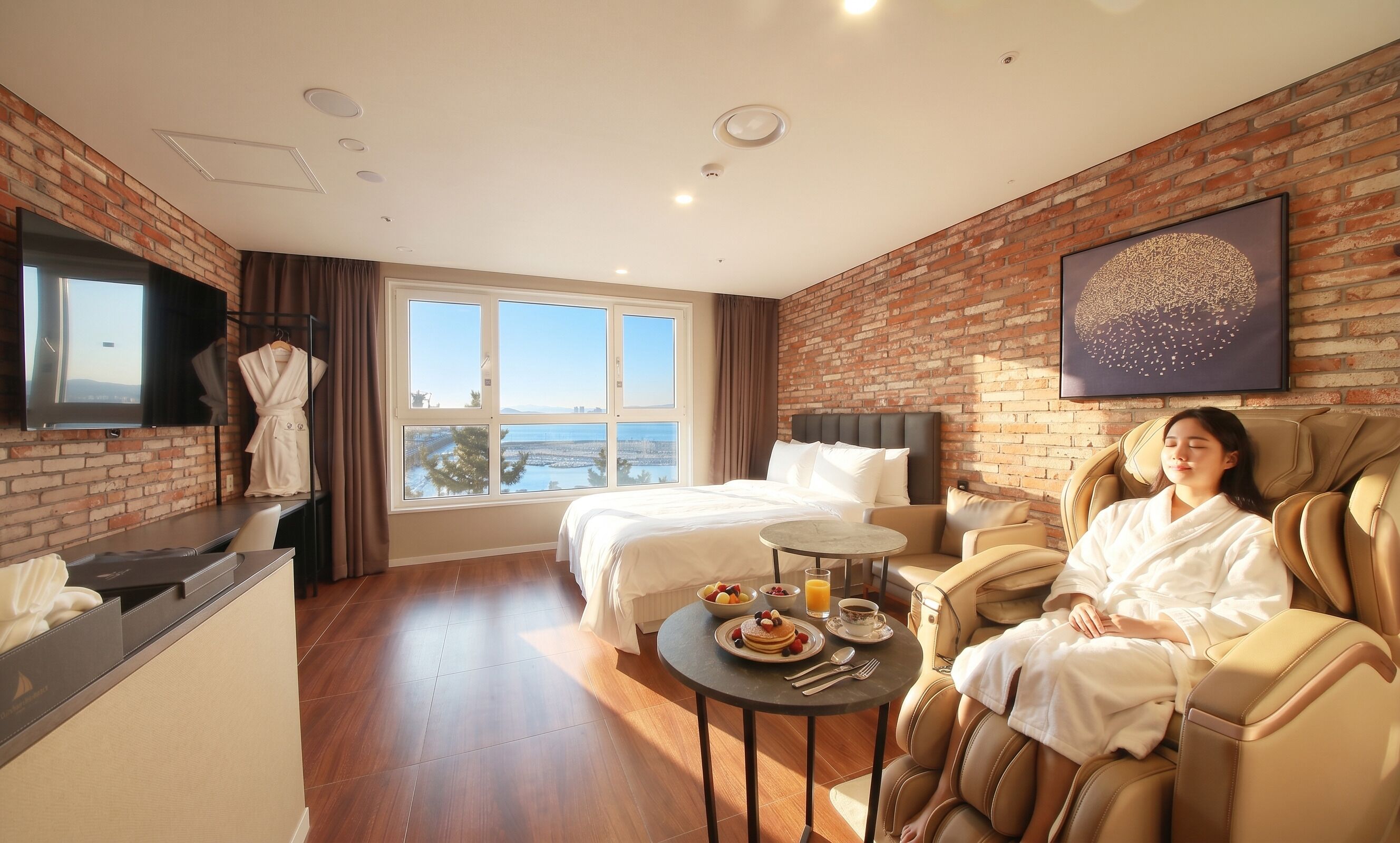 A hotel room with a bed, a massage chair, a dining table with breakfast, a TV, and a large window with a view.