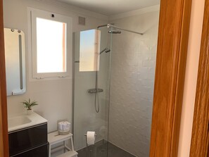 Hair dryer, towels, soap, toilet paper