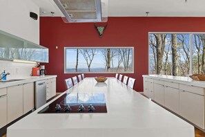 Une cuisine moderne avec une longue table à manger, une décoration représentant une tête de taureau et une grande fenêtre donnant sur la forêt.