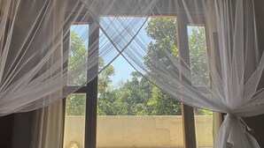 A room with a bed, sheer curtains, and a view of a courtyard with a low wall and greenery. - Into The Blue Sri Lanka (Tangalle)