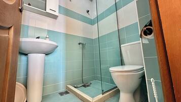 Une salle de bain avec une douche à parois de verre, un lavabo sur colonne et des toilettes.