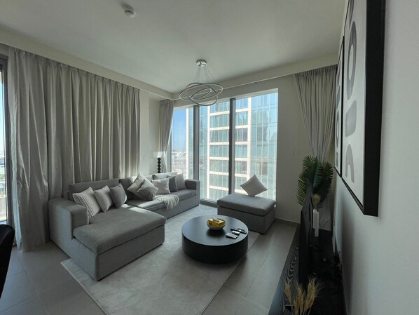 Family Apartment, Balcony, City View | Living area - Two Bedroom Damac Majestine-StayOnHomes (Dubai)