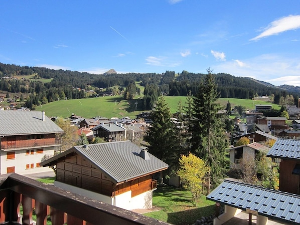 A rural village with traditional wooden houses, a green valley, and a mountain in the background.
