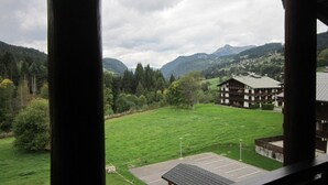 Une vue depuis un balcon donnant sur un champ verdoyant, un parking et un bâtiment doté d’un toit en pente.