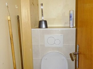 A bathroom with a toilet, a plunger, and two cleaning brushes.