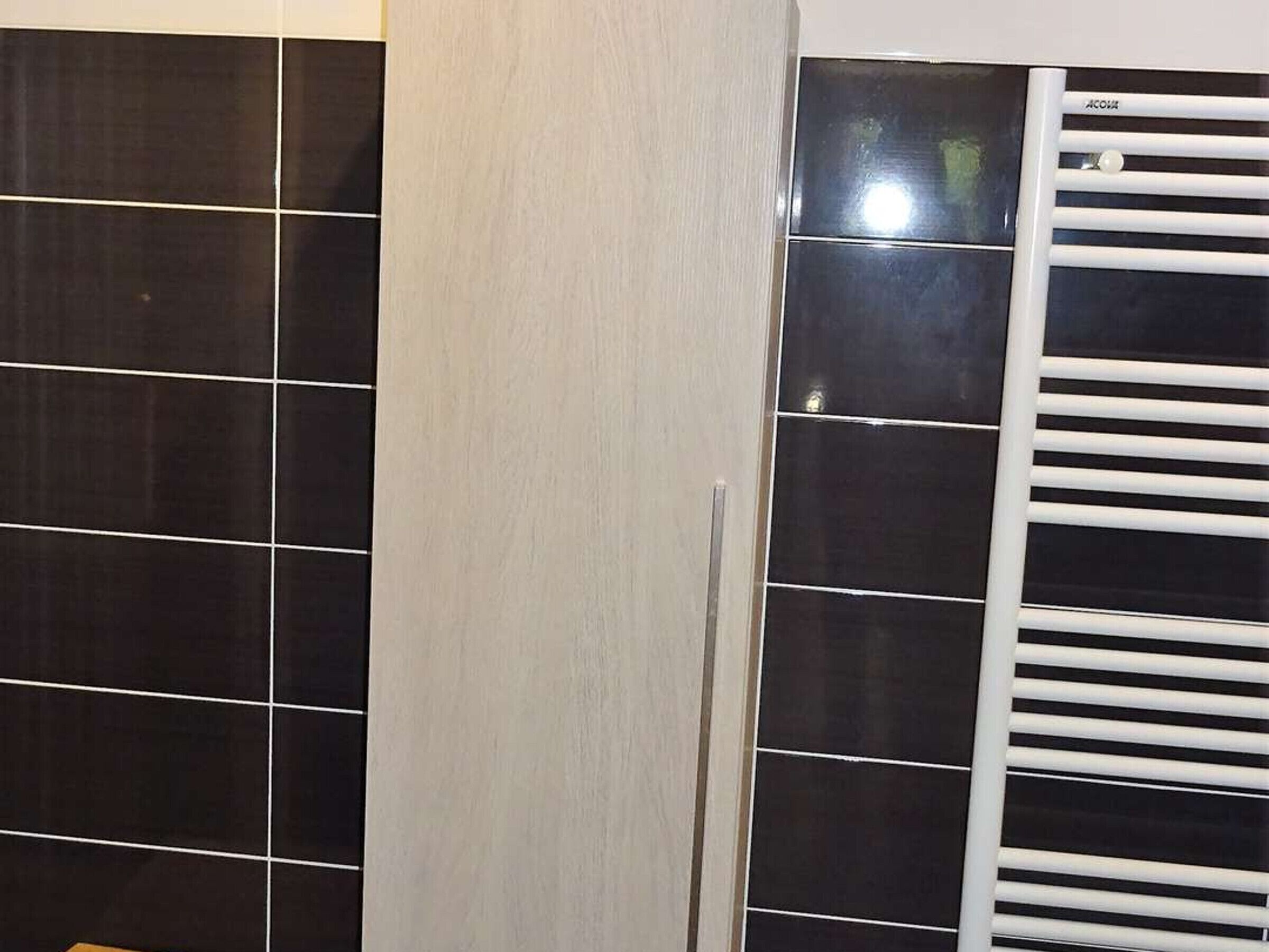 Una habitación con paredes de baldosas negras y un radiador blanco.