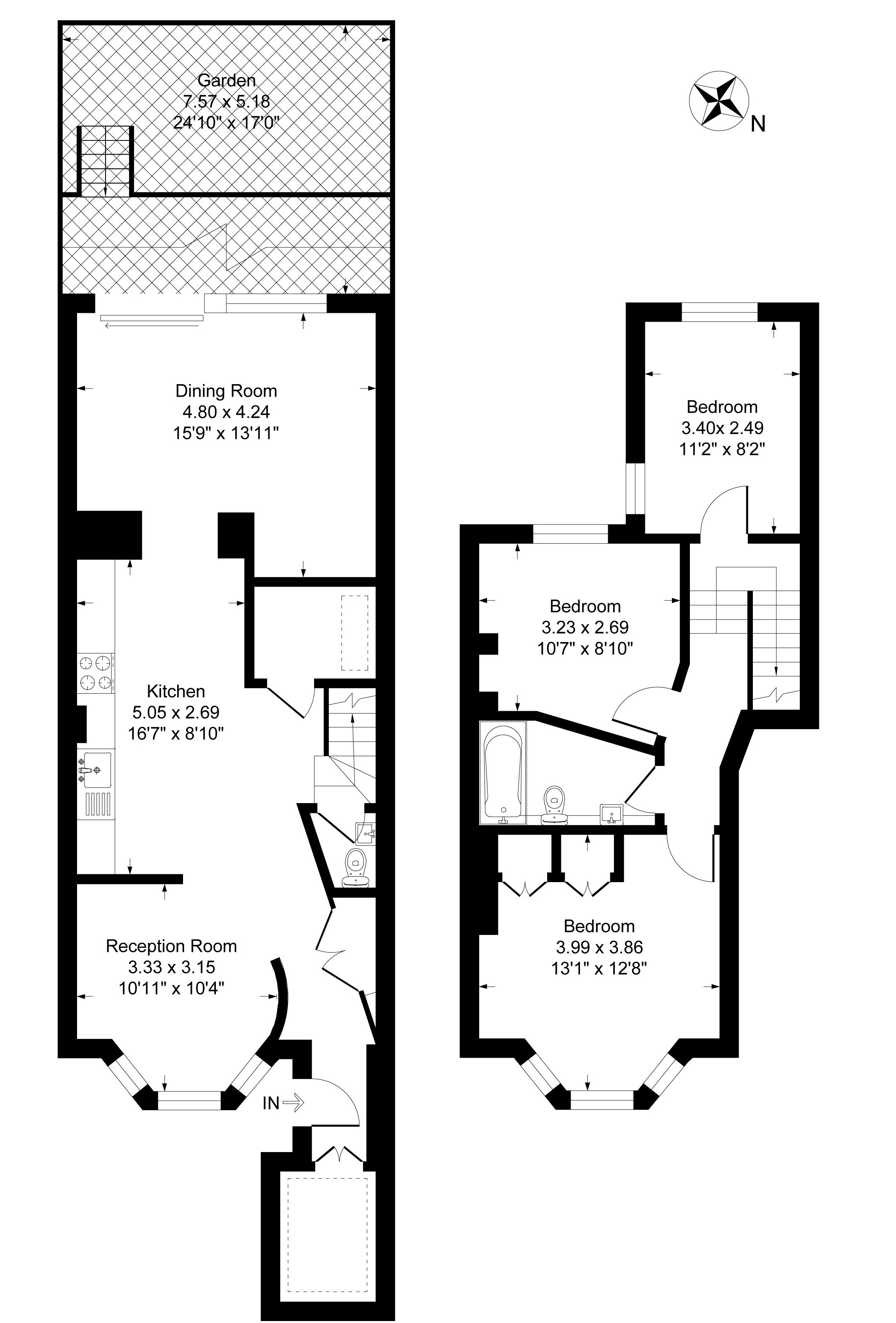 A floor plan of a hotel with a garden, dining room, kitchen, reception room, and three bedrooms.