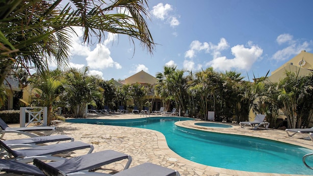 A pool area with lounge chairs and palm trees.