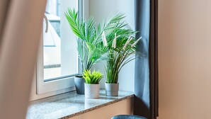Un coin repas avec une table et des chaises, une fenêtre agrémentée de plantes et une vue sur l’extérieur.