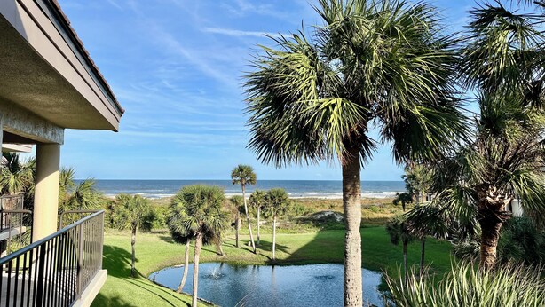A view from a balcony overlooking a golf course with a pond, palm trees, and the ocean. - FREE DAILY FUN with this beach lovers dream getaway! (Saint Augustine)
