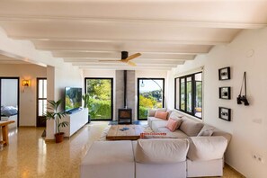 Fernseher, Kamin, Bücher, Stereoanlage