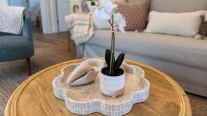 A round wooden coffee table with a white ceramic tray holding a potted orchid and a decorative ceramic piece. - The Orange Blossom Suite | Near UF, Shands, D-town (Gainesville)