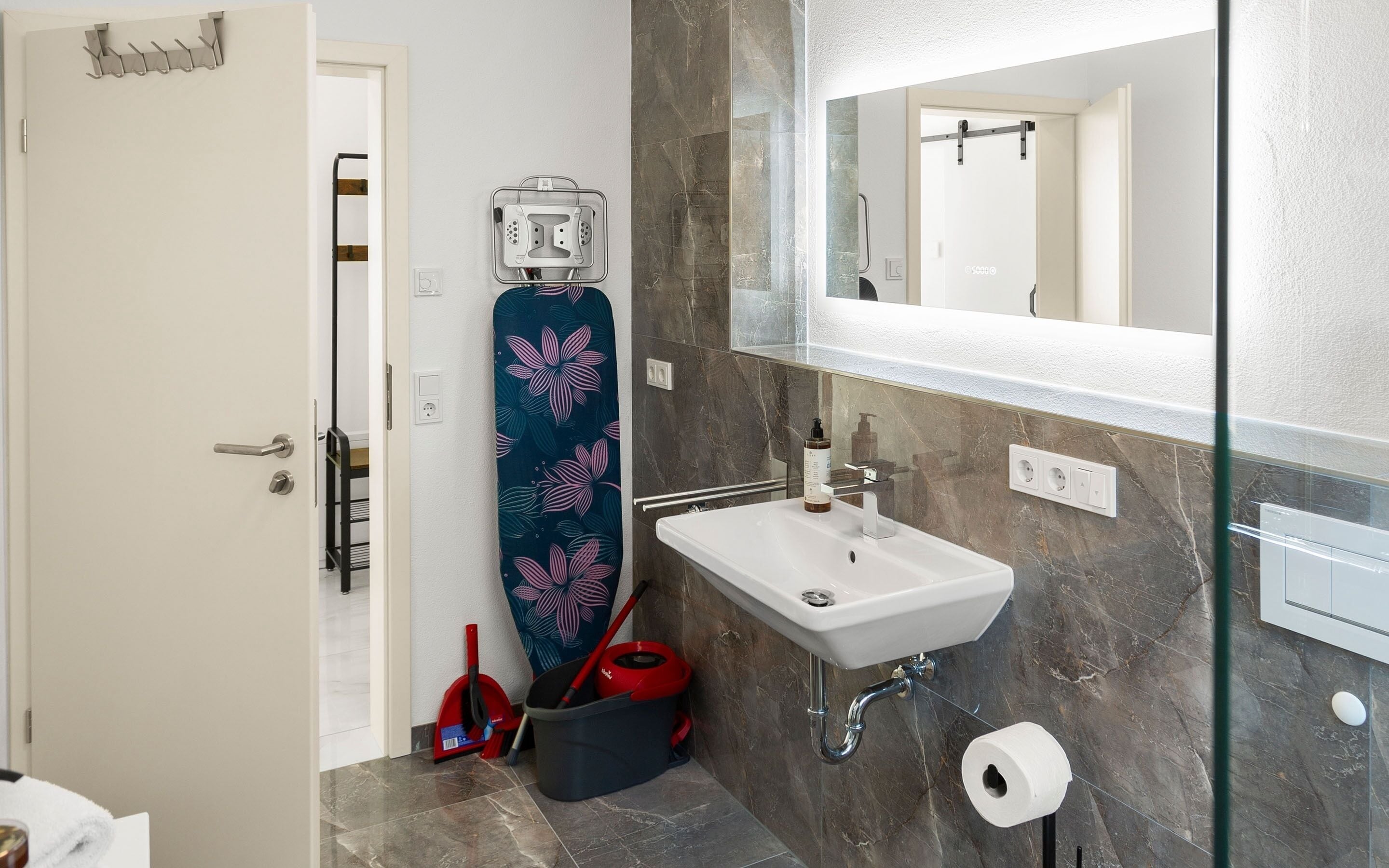 Shower, rainfall showerhead, hair dryer, towels