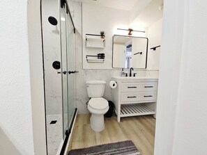 Shower, hair dryer, shampoo