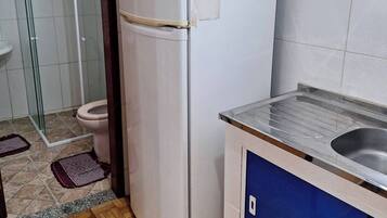 A compact kitchen with a white refrigerator, a sink with a blue cabinet, and a shower area visible through a glass door.