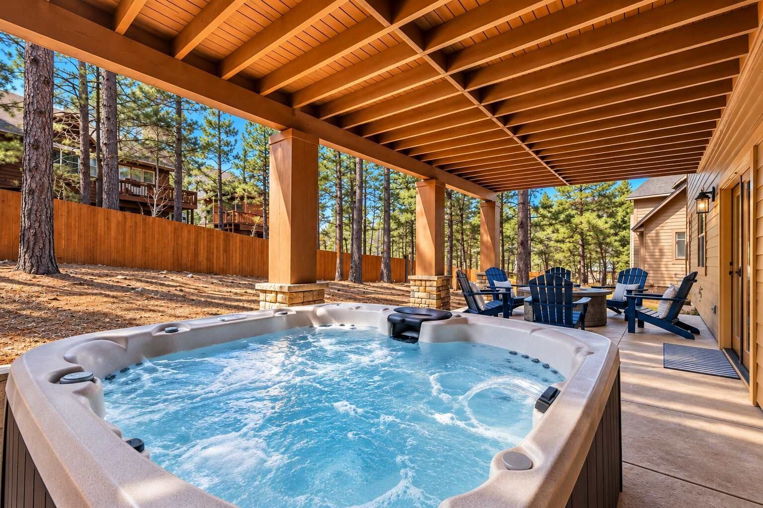 Un bain à remous sous une pergola en bois, avec vue sur une zone boisée.