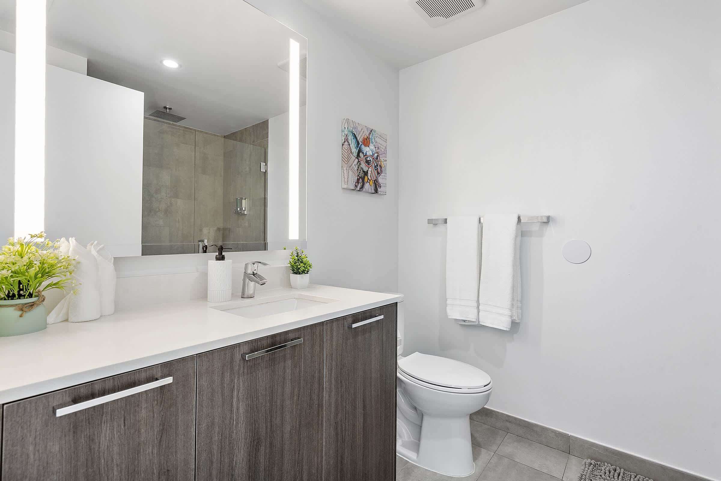 A modern bathroom with a large mirror, a toilet, and a sink.