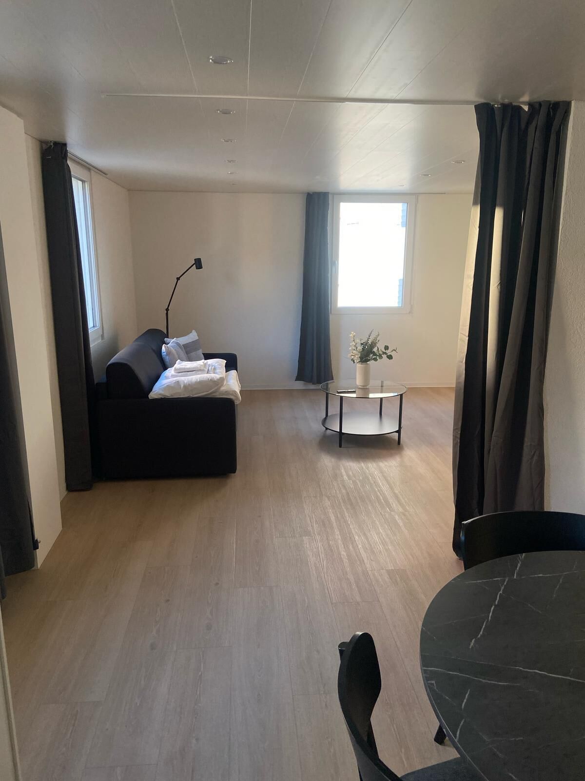 Una sala de estar moderna con un sofá, una mesita y un comedor.