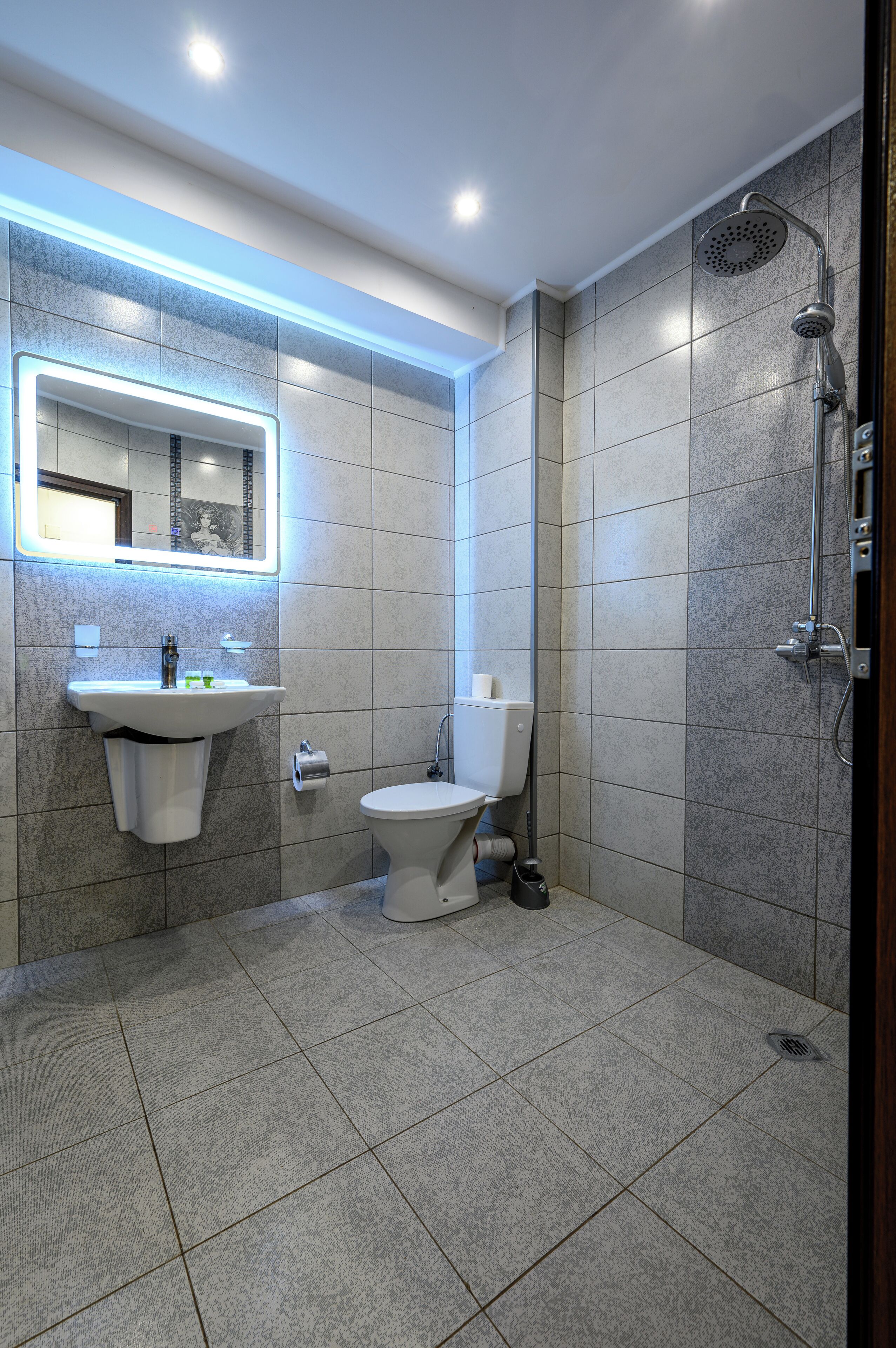 Hair dryer, slippers, towels, soap