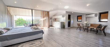 Desk, laptop workspace, blackout curtains, soundproofing