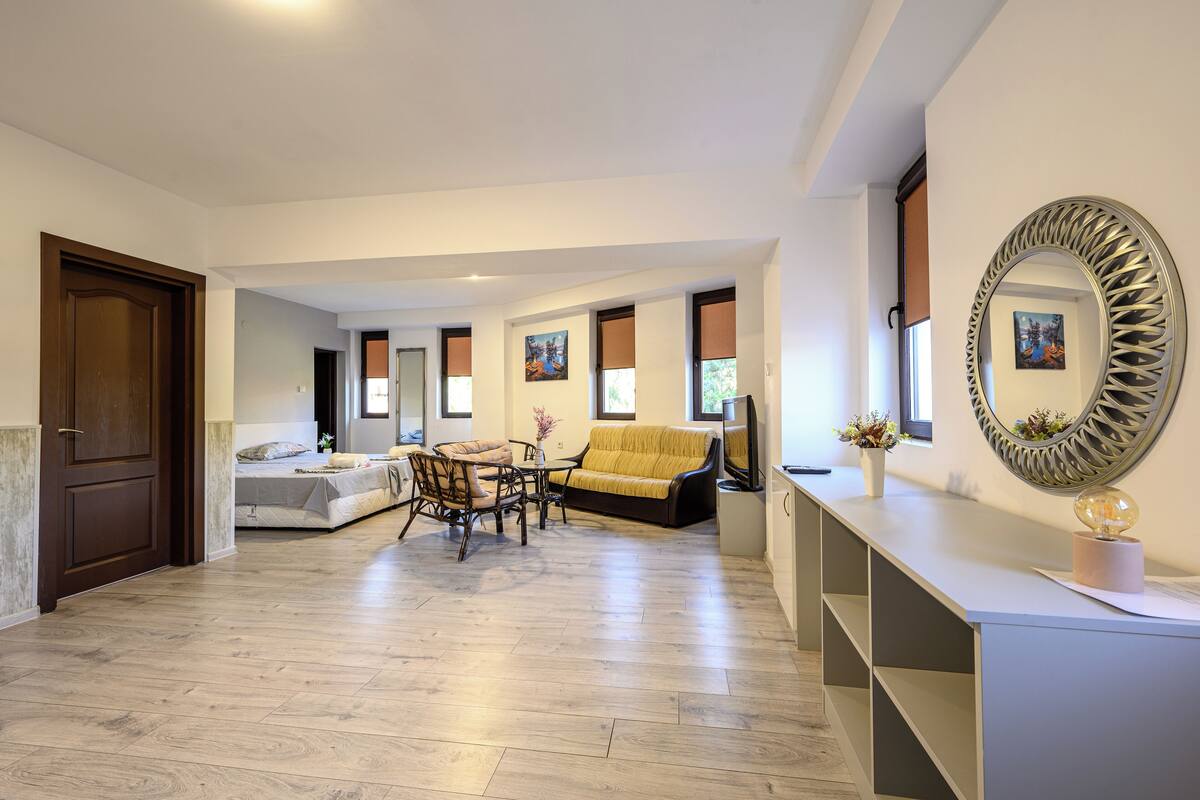 A spacious living area with a sofa, dining table, and chairs. There is a large mirror on the wall and a door leading to another room.