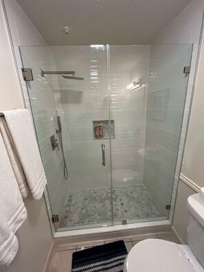 Hair dryer, towels, soap, toilet paper