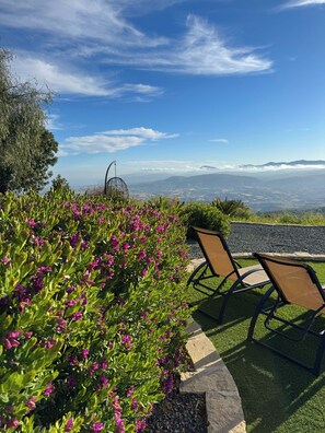 Relax in comfort with two lounge chairs on a well-manicured lawn, surrounded by lush greenery and vibrant flowers.
