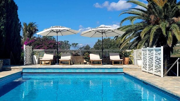 A clear blue swimming pool with lounge chairs and umbrellas, surrounded by palm trees and a clear sky. - Impressive villa with private pool & sea views on a finca (AN)