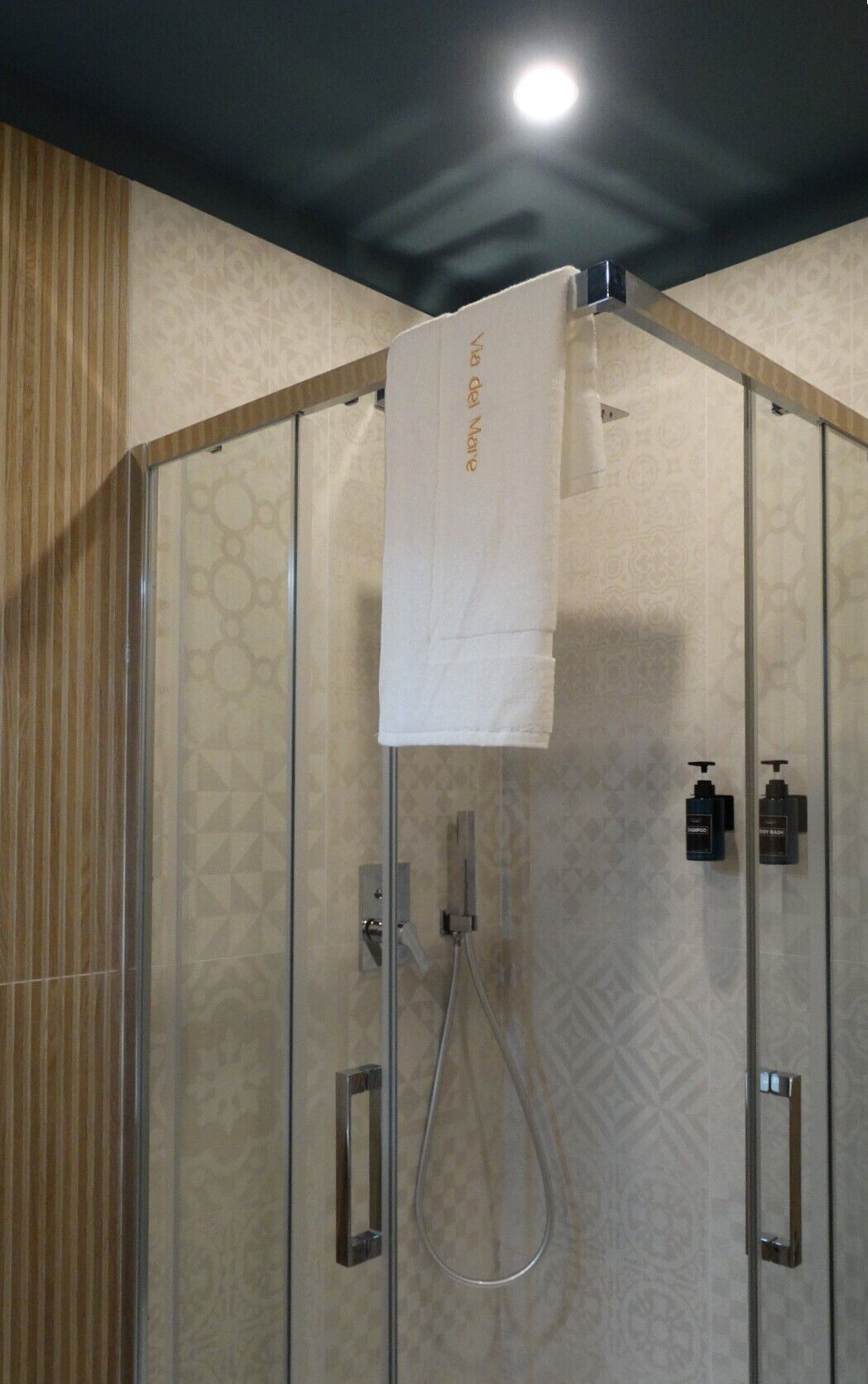 A glass-enclosed shower with a towel hanging on the door, a handheld showerhead, and two bottles of shampoo.