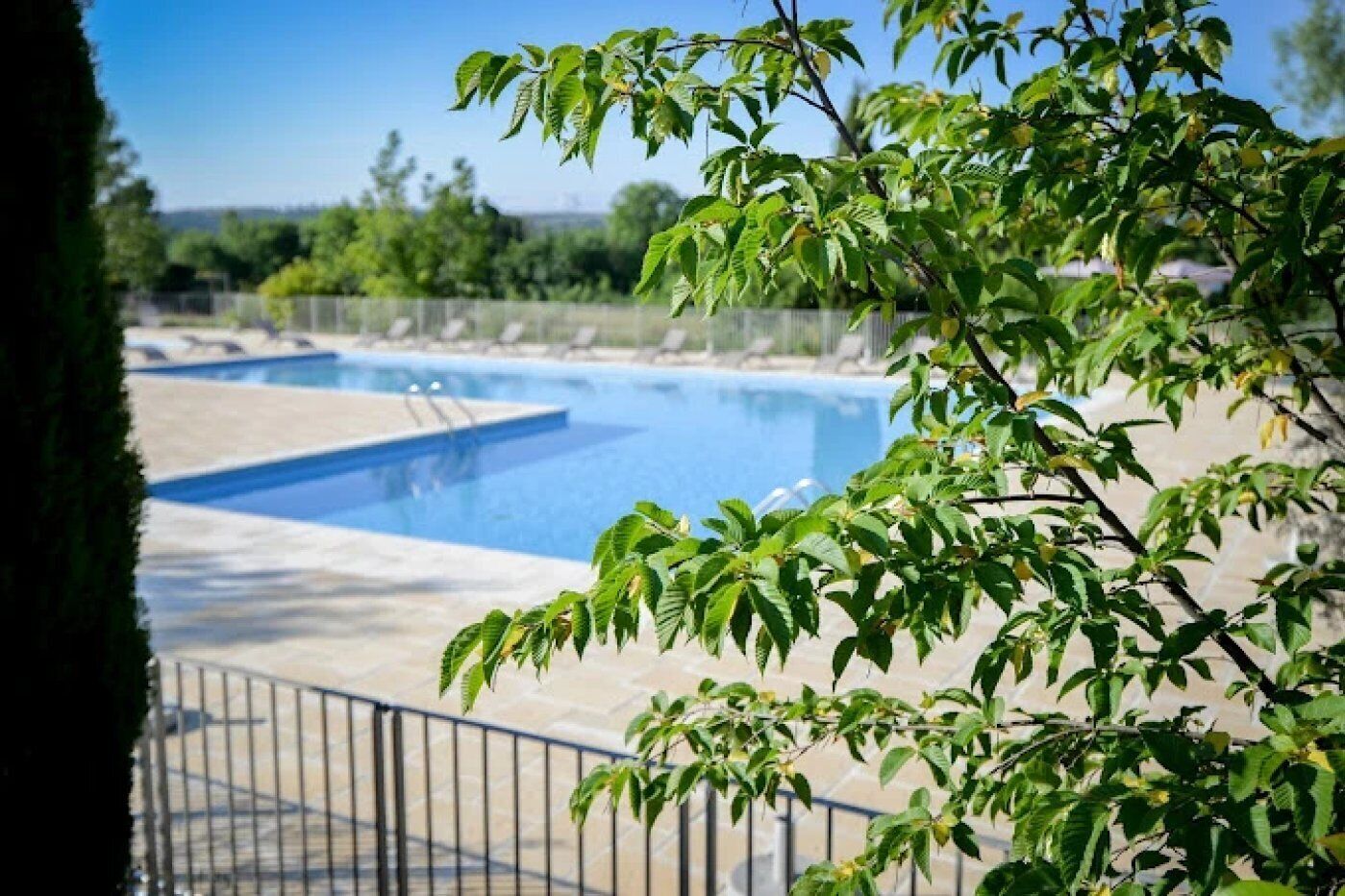 A swimming pool with a clear view of the surrounding area, including a fence and greenery.