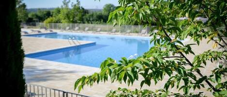 A swimming pool with a clear view of the surrounding area, including a fence and greenery.