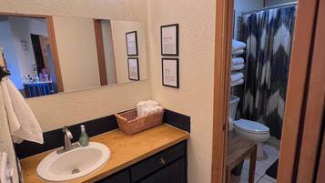 Hair dryer, towels, soap, toilet paper