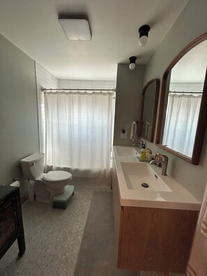 Hair dryer, towels, soap, toilet paper