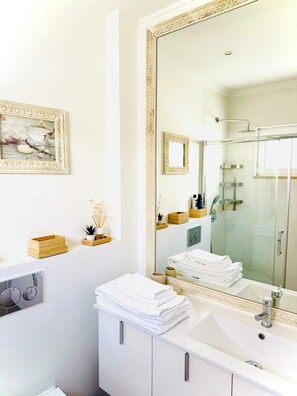 Hair dryer, towels, soap, toilet paper