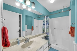 Hair dryer, towels, soap, toilet paper