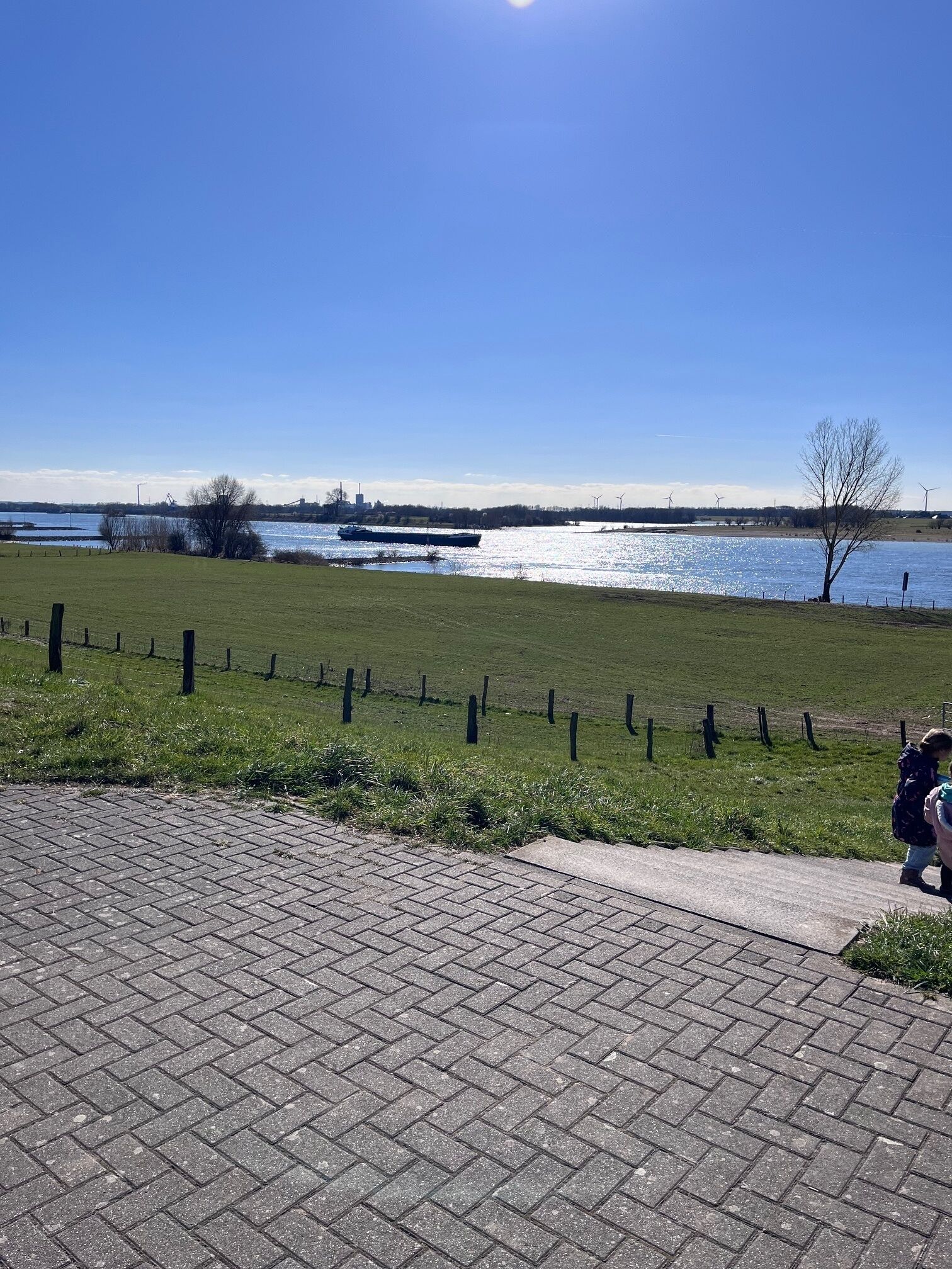 A paved walkway with a grassy area and a body of water in the background.