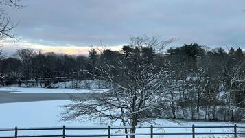 Een besneeuwd landschap met een houten hek, kale bomen en een waterpartij.